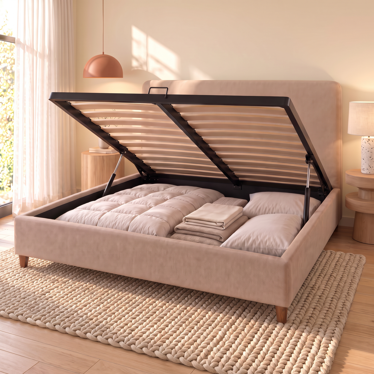 Letto contenitore Dion Beige aperto: rete a doghe sollevata dai pistoni e vano contenitore pieno