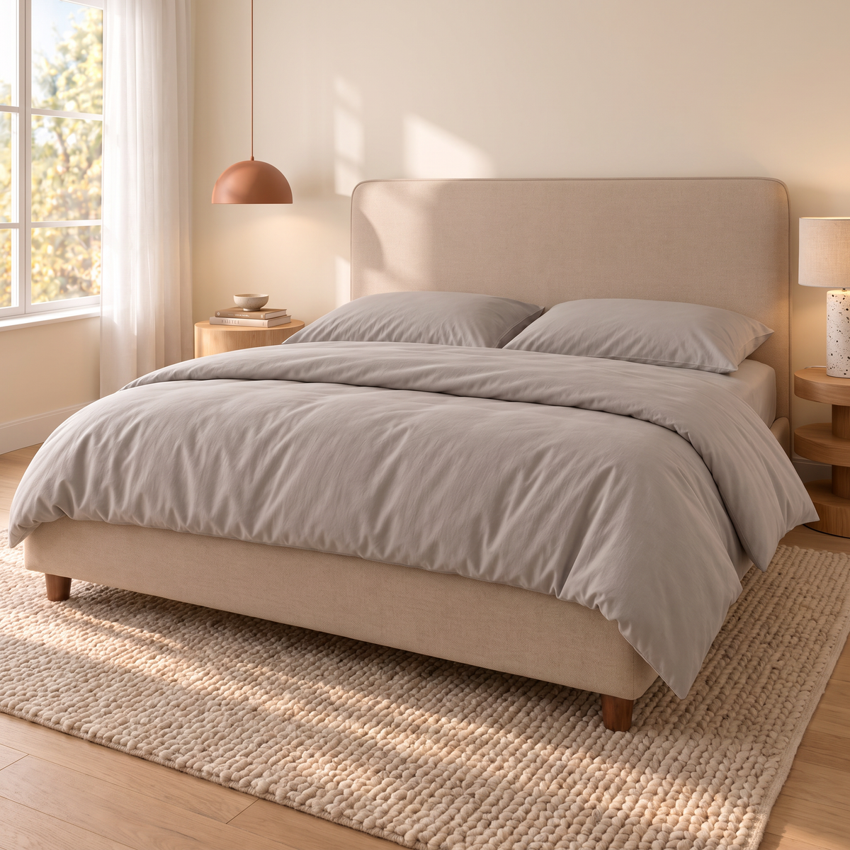 Letto contenitore Dion in tessuto Queens Beige con testata lineare, vista di tre quarti con completo copripiumino Panna #Colore_Beige