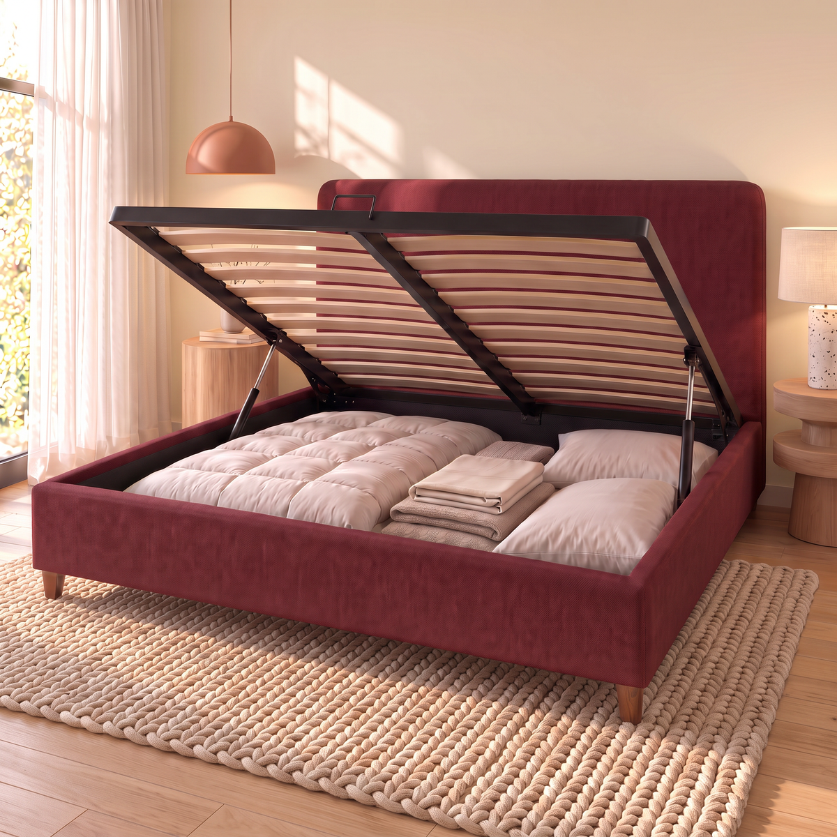 Letto contenitore Dion Bordeaux aperto: rete a doghe sollevata dai pistoni e vano contenitore pieno