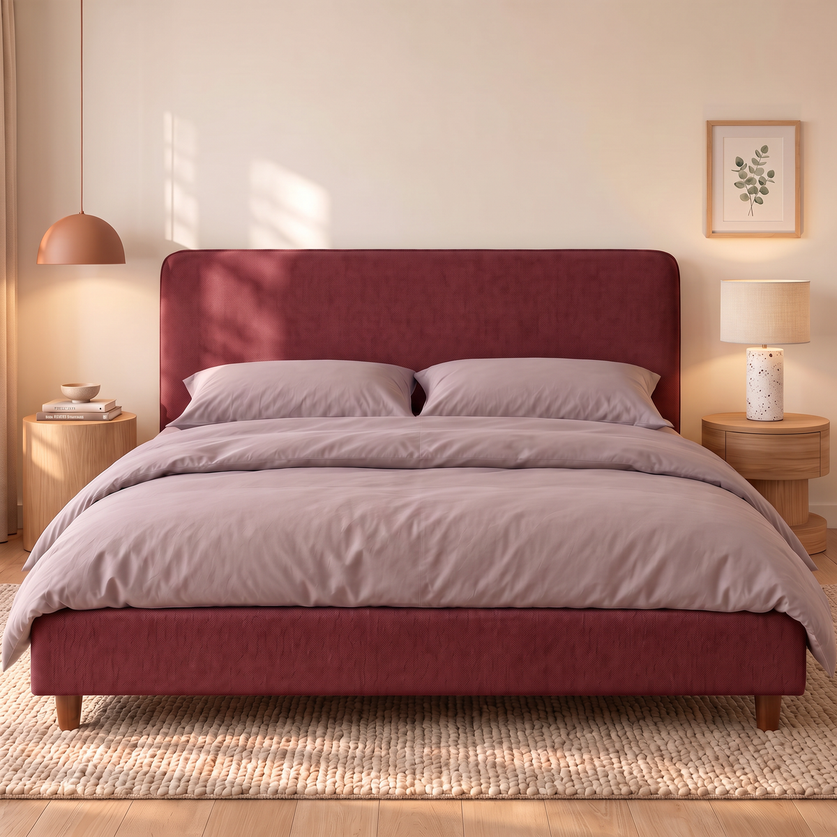 Letto contenitore Dion in tessuto Queens Bordeaux visto di fronte: testata lineare, base imbottita e piedini in legno noce