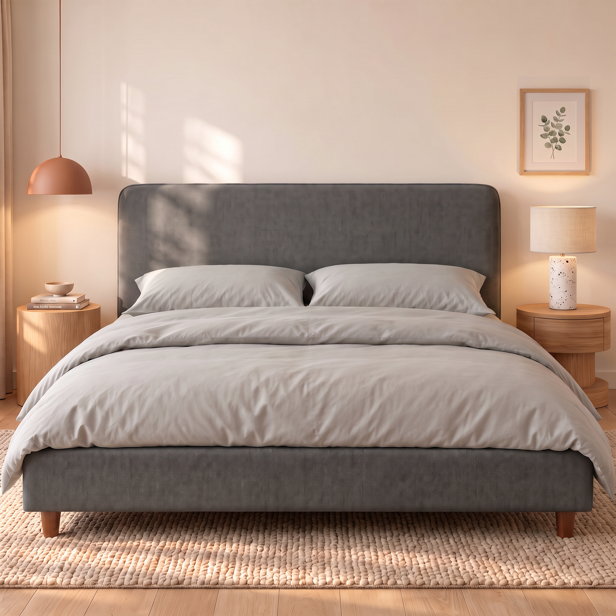 Letto contenitore Dion in tessuto Queens Dark Grey visto di fronte: testata lineare, base imbottita e piedini in legno noce