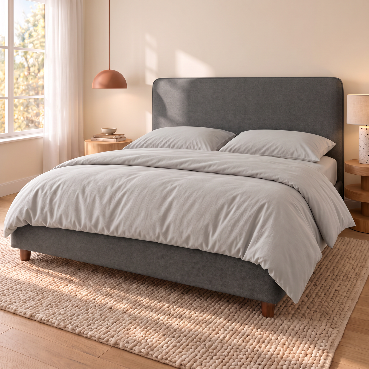 Letto contenitore Dion in tessuto Queens Dark Grey con testata lineare, vista di tre quarti con completo copripiumino Perla