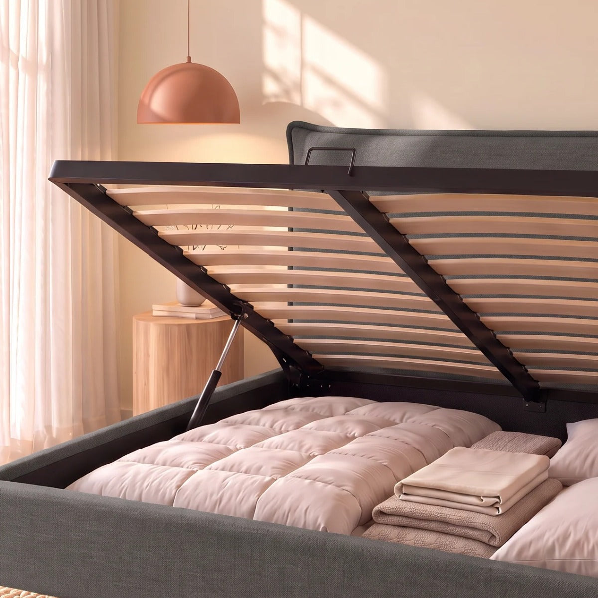 Rete a doghe in legno sollevata dai pistoni a gas sul letto contenitore Dion in tessuto Queens Dark Grey