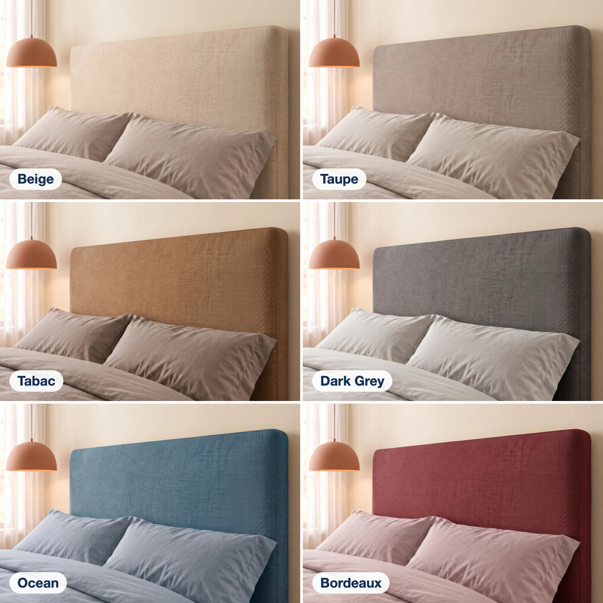 I sei colori del tessuto Queens sulla testata lineare del letto Dion: Beige, Taupe, Tabac, Dark Grey, Ocean e Bordeaux