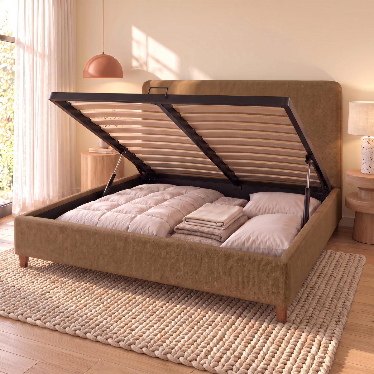 Letto contenitore Dion Tabac aperto: rete a doghe sollevata dai pistoni e vano contenitore pieno