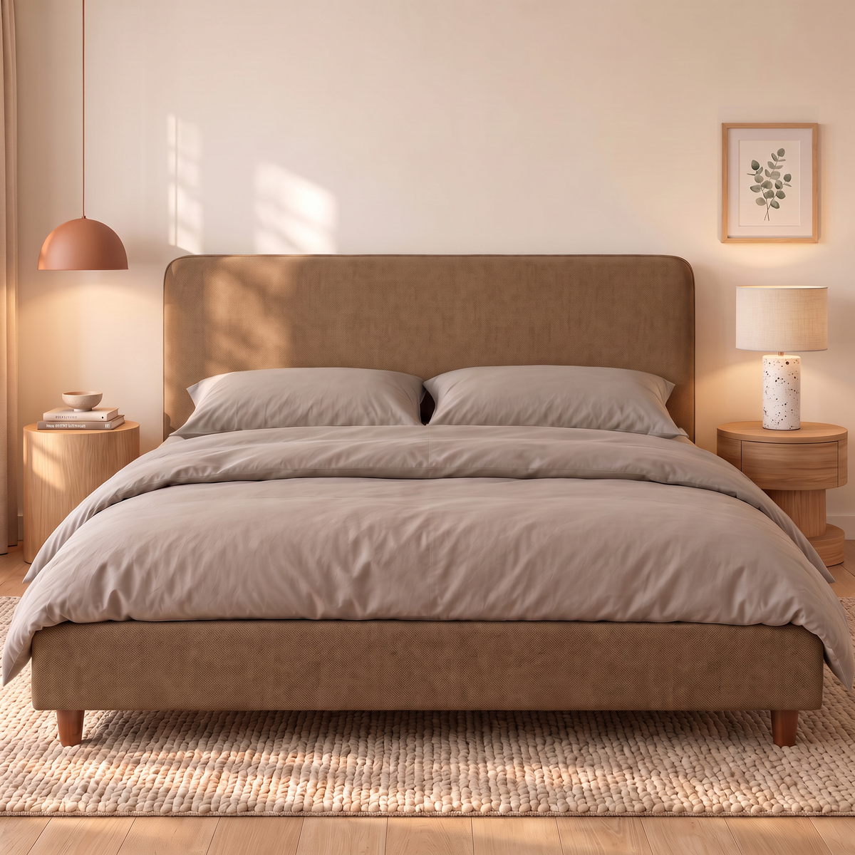 Letto contenitore Dion in tessuto Queens Tabac visto di fronte: testata lineare, base imbottita e piedini in legno noce