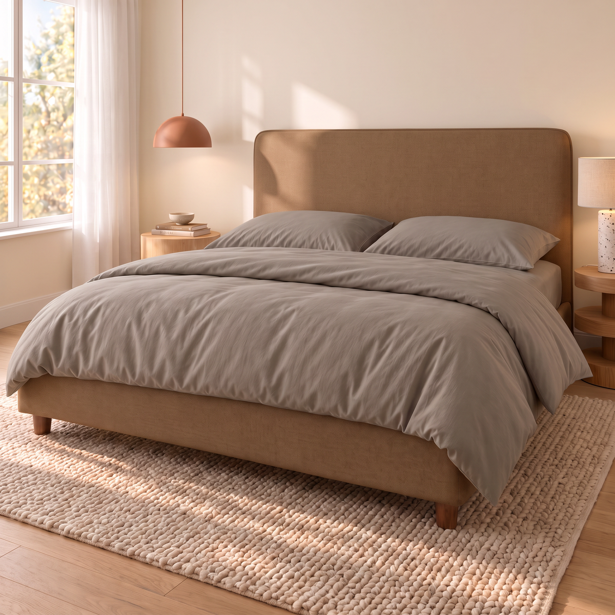 Letto contenitore Dion in tessuto Queens Tabac con testata lineare, vista di tre quarti con completo copripiumino Corda