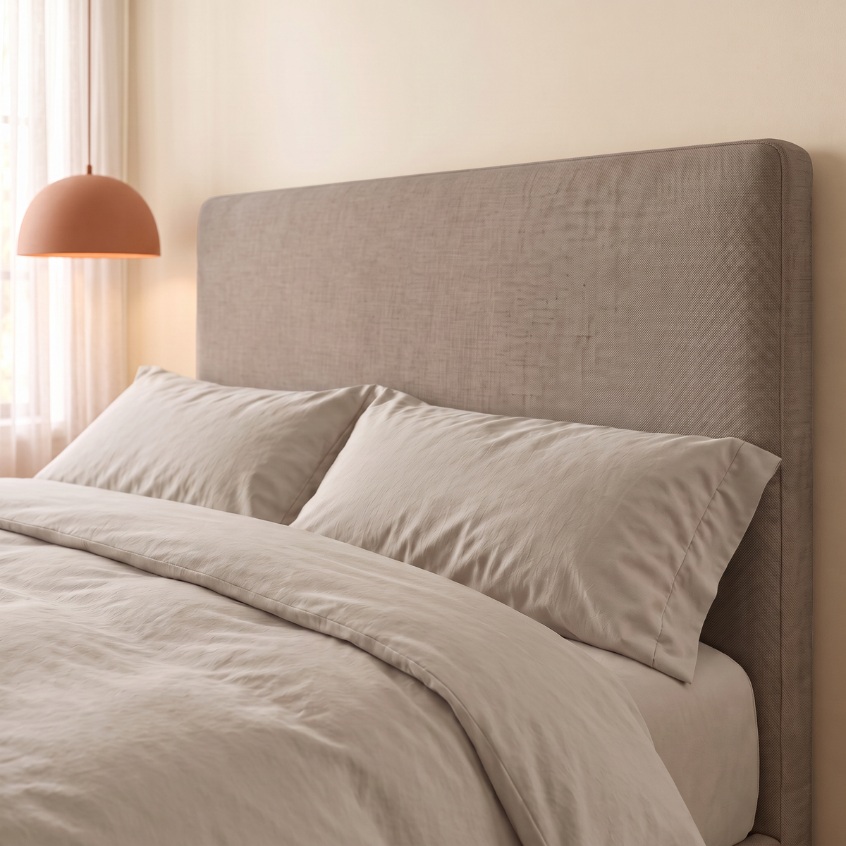 Dettaglio della testata imbottita lineare del letto Dion in tessuto Queens Taupe