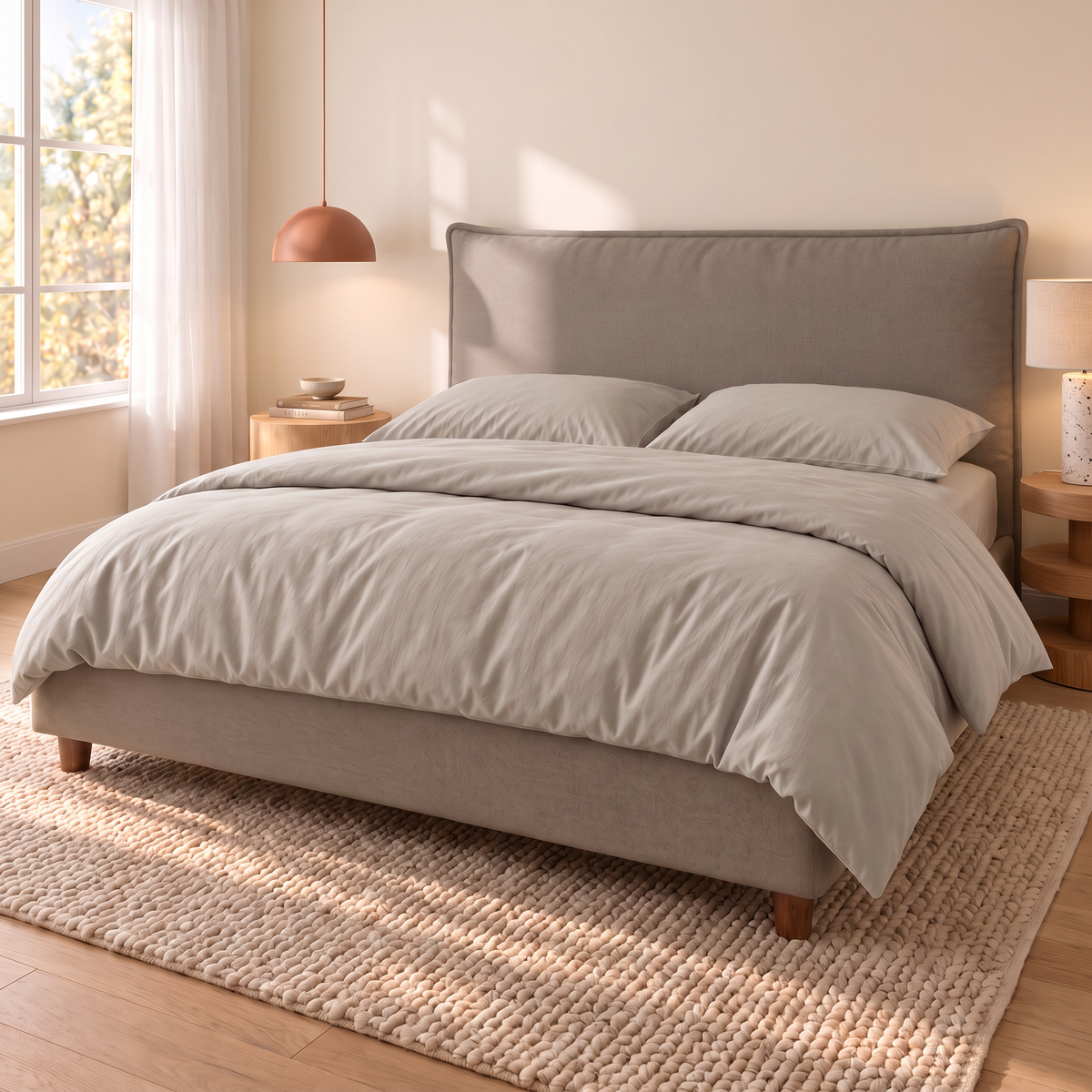 Letto contenitore Dion in tessuto Queens Taupe con testata lineare, vista di tre quarti con completo copripiumino Ostrica