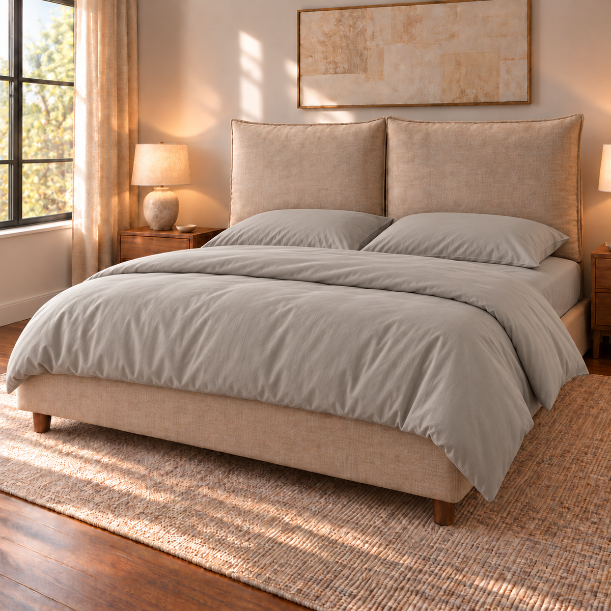 Letto contenitore Mytikas in tessuto Queens Beige con testata a due cuscini, vista di tre quarti con completo copripiumino Panna
