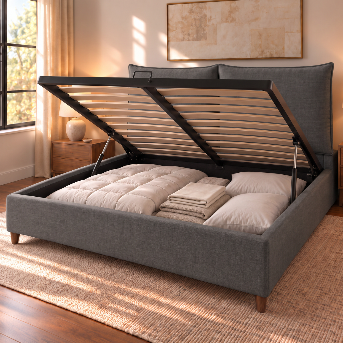 Letto contenitore Mytikas Dark Grey aperto: rete a doghe sollevata dai pistoni e vano contenitore pieno