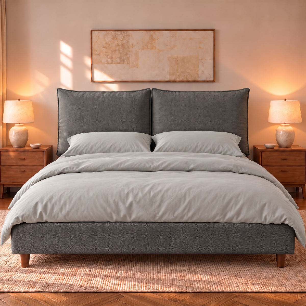 Letto contenitore Mytikas in tessuto Queens Dark Grey visto di fronte: testata a due cuscini, base imbottita e piedini in legno noce