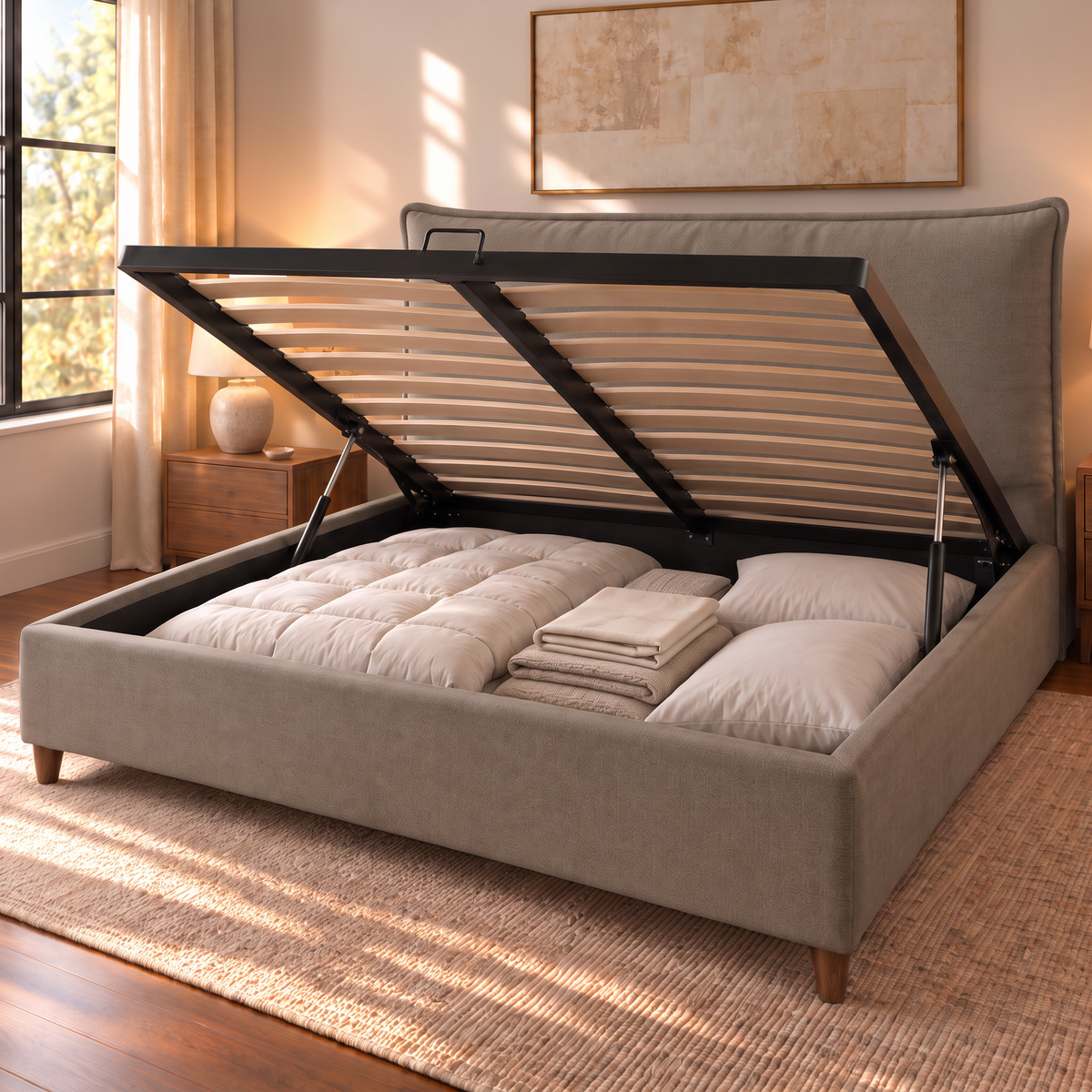 Letto contenitore Mytikas Taupe aperto: rete a doghe sollevata dai pistoni e vano contenitore pieno