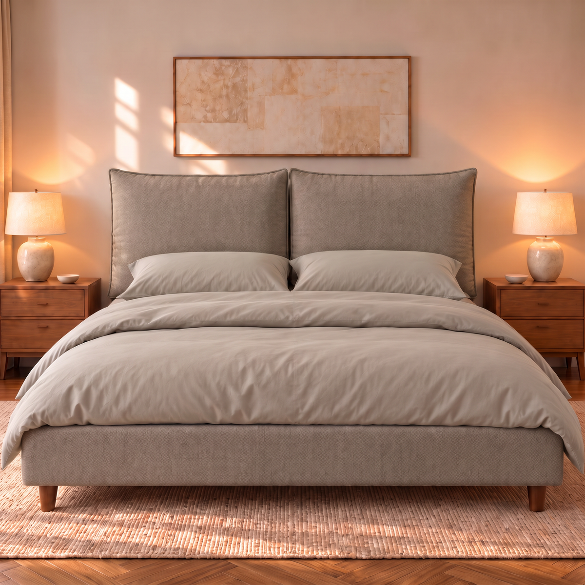 Letto contenitore Mytikas in tessuto Queens Taupe visto di fronte: testata a due cuscini, base imbottita e piedini in legno noce