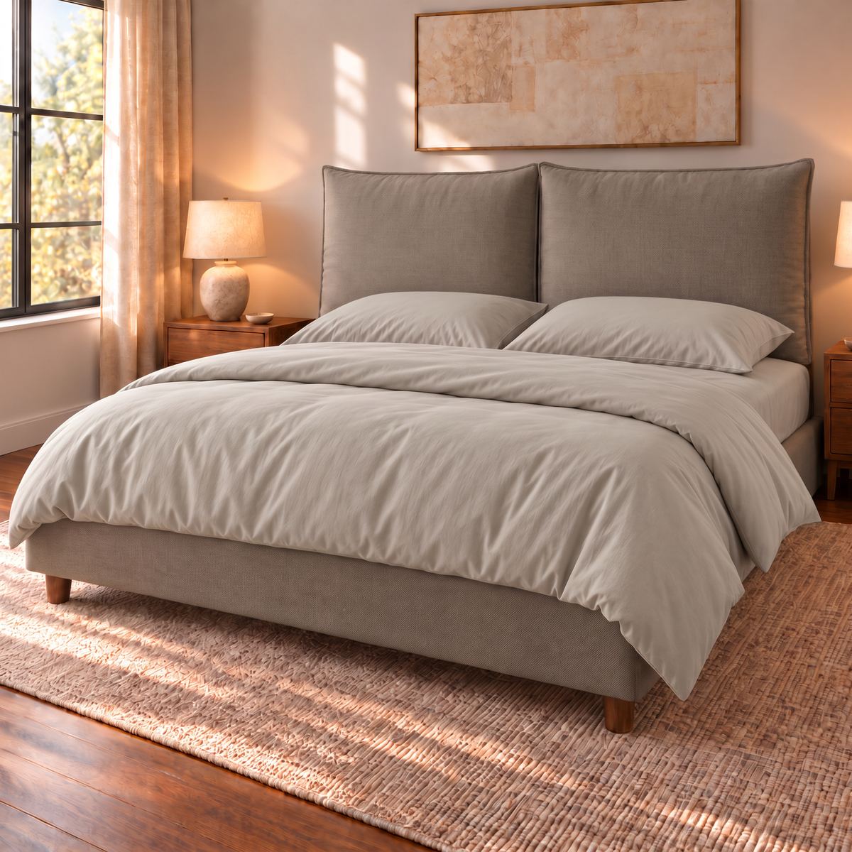 Letto contenitore Mytikas in tessuto Queens Taupe con testata a due cuscini, vista di tre quarti con completo copripiumino Ostrica