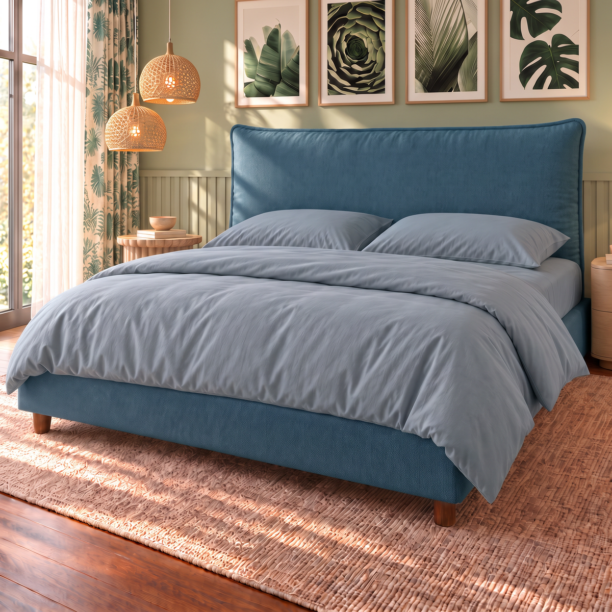 Letto contenitore Nefele in tessuto Queens Ocean con testata a cuscino unico, vista di tre quarti con completo copripiumino Azzurro