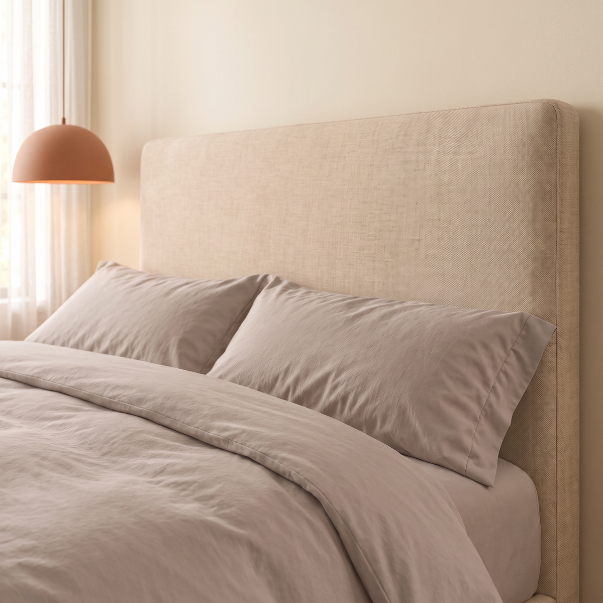 Dettaglio della testata imbottita lineare del letto Dion in tessuto Queens Beige