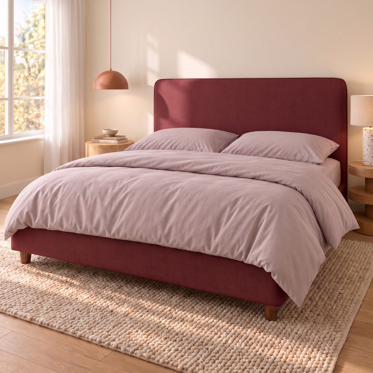 Letto contenitore Dion in tessuto Queens Bordeaux con testata lineare, vista di tre quarti con completo copripiumino Cipria