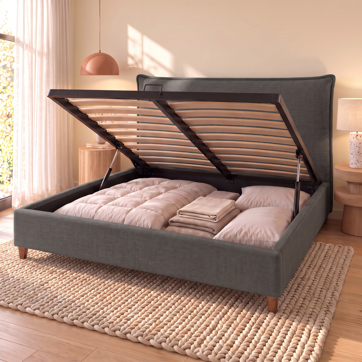 Letto contenitore Dion Dark Grey aperto: rete a doghe sollevata dai pistoni e vano contenitore pieno
