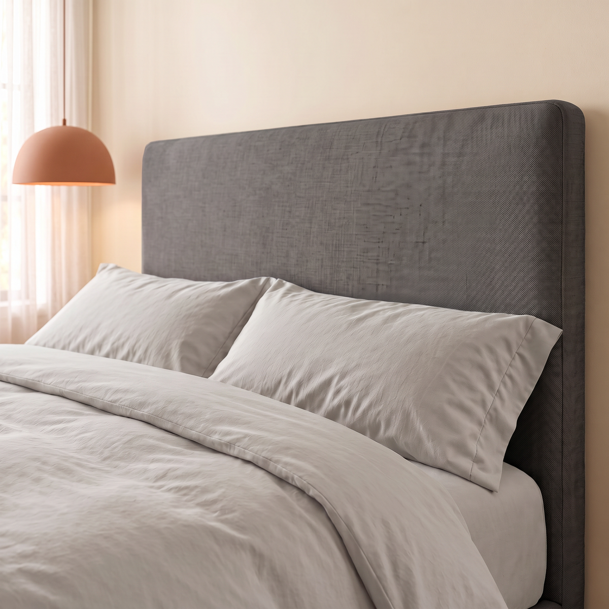 Dettaglio della testata imbottita lineare del letto Dion in tessuto Queens Dark Grey