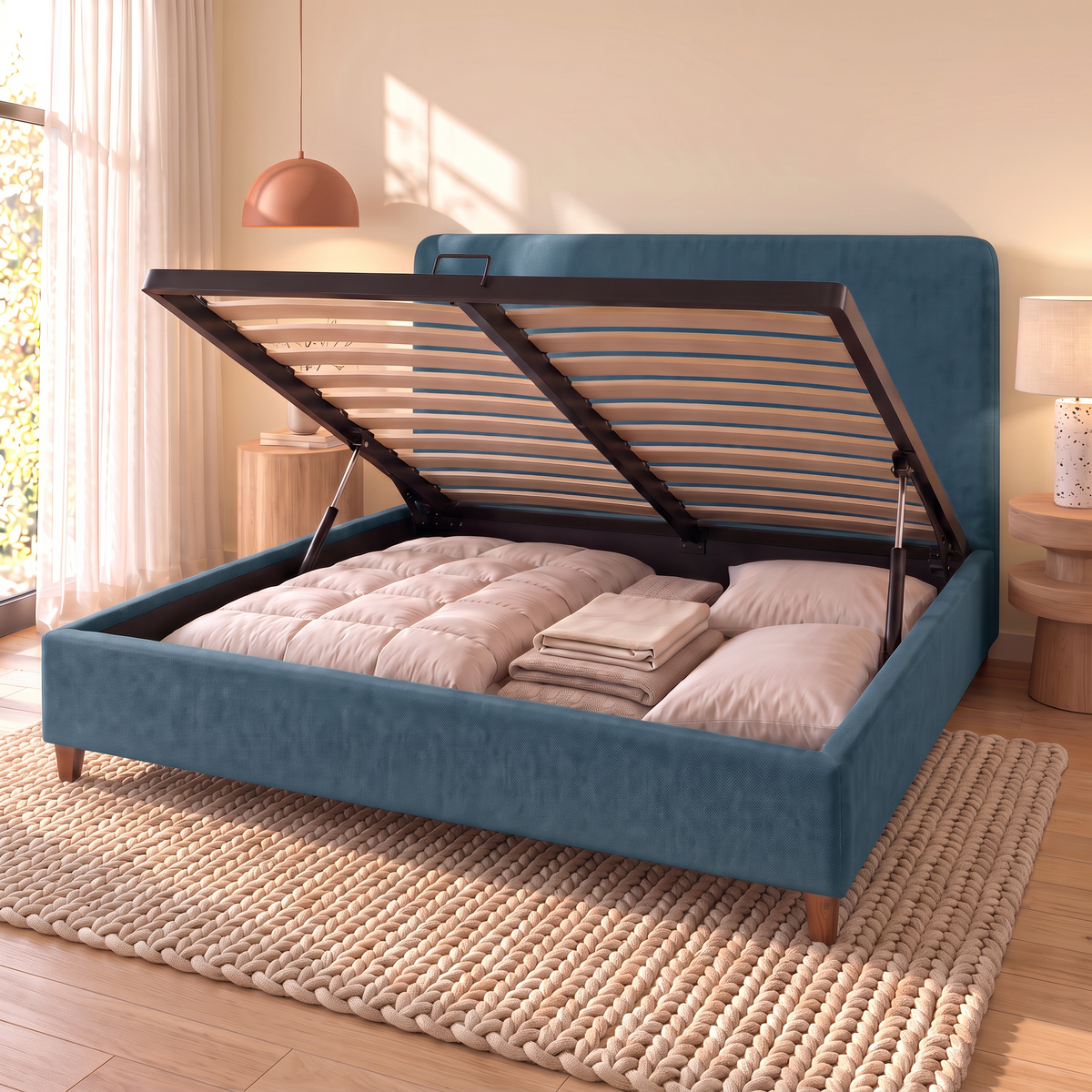 Letto contenitore Dion Ocean aperto: rete a doghe sollevata dai pistoni e vano contenitore pieno