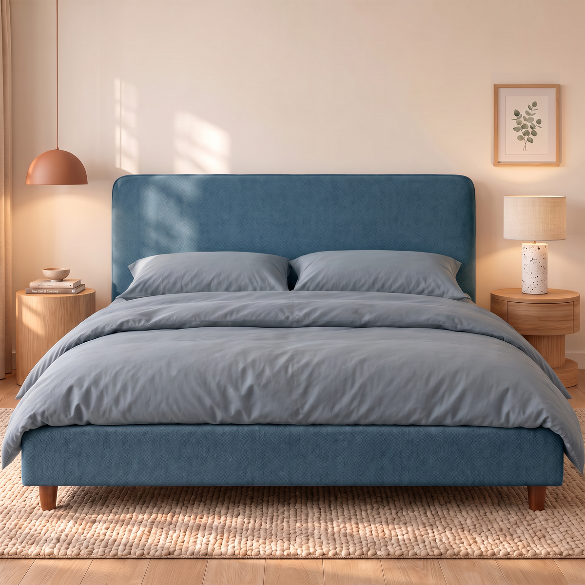 Letto contenitore Dion in tessuto Queens Ocean visto di fronte: testata lineare, base imbottita e piedini in legno noce
