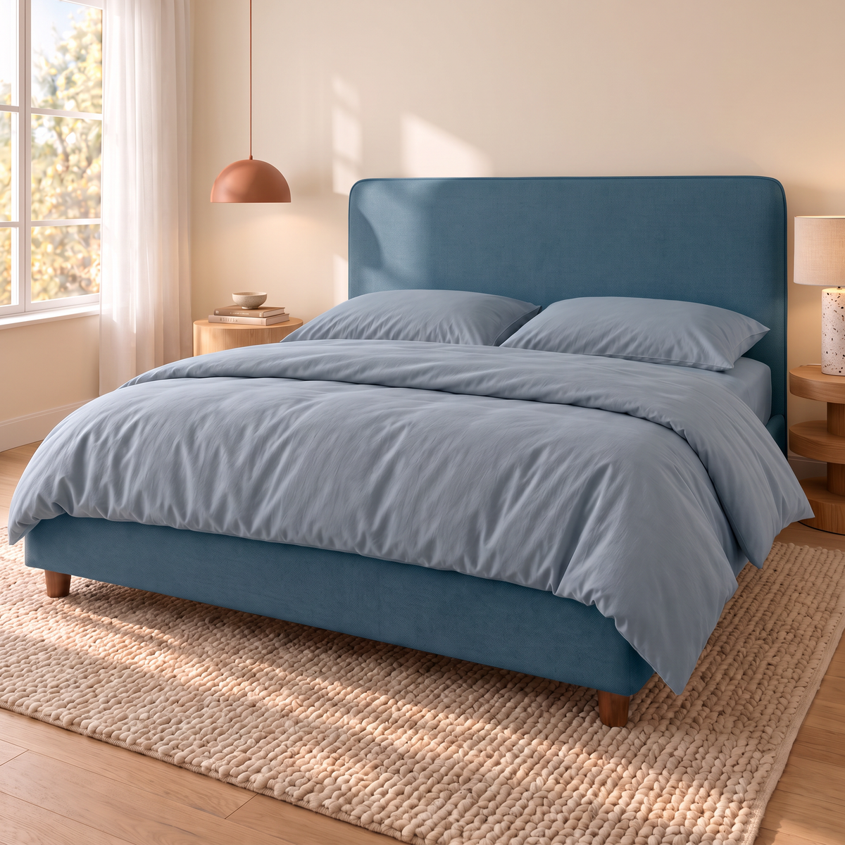 Letto contenitore Dion in tessuto Queens Ocean con testata lineare, vista di tre quarti con completo copripiumino Azzurro