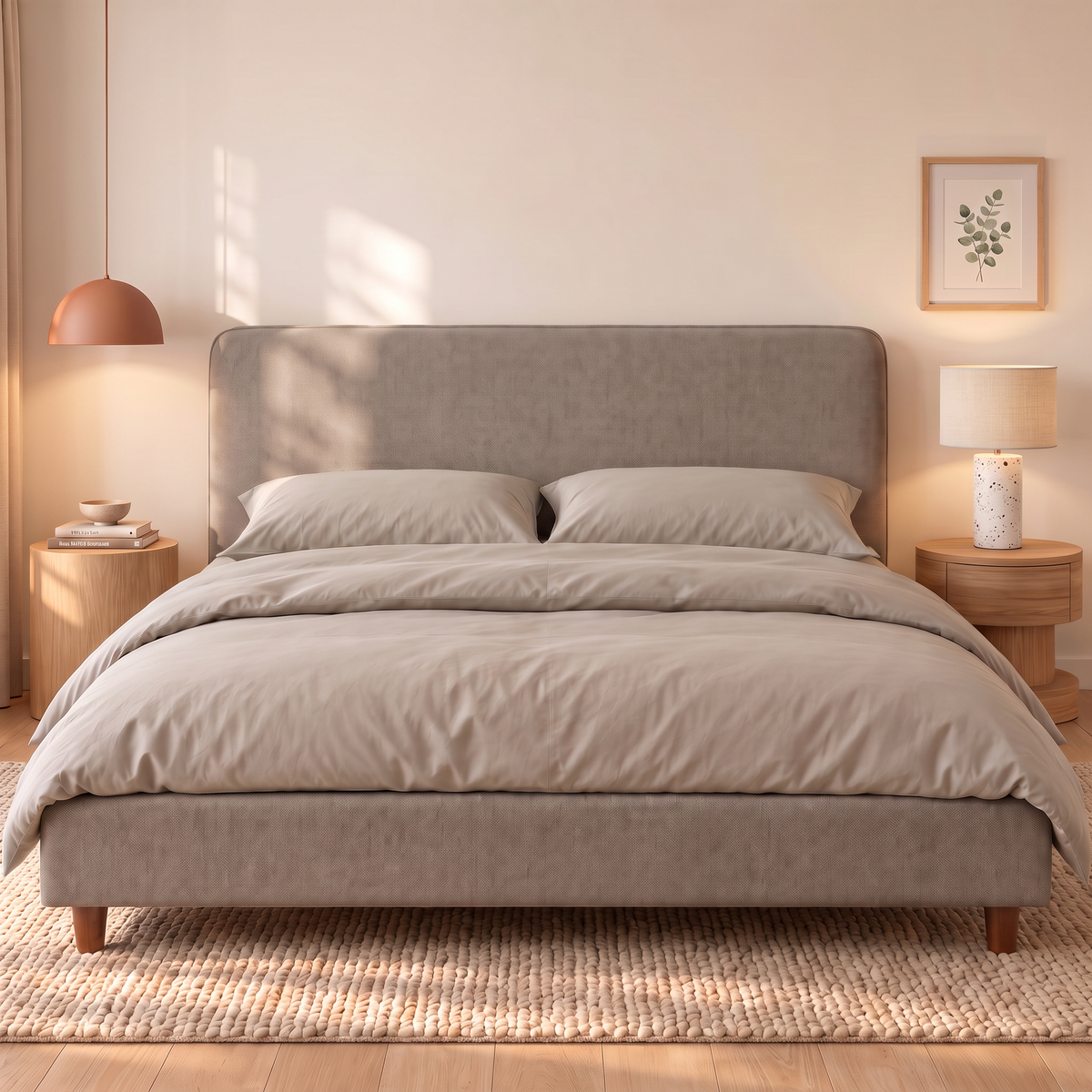 Letto contenitore Dion in tessuto Queens Taupe visto di fronte: testata lineare, base imbottita e piedini in legno noce