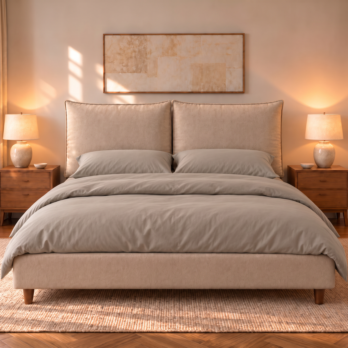 Letto contenitore Mytikas in tessuto Queens Beige visto di fronte: testata a due cuscini, base imbottita e piedini in legno noce