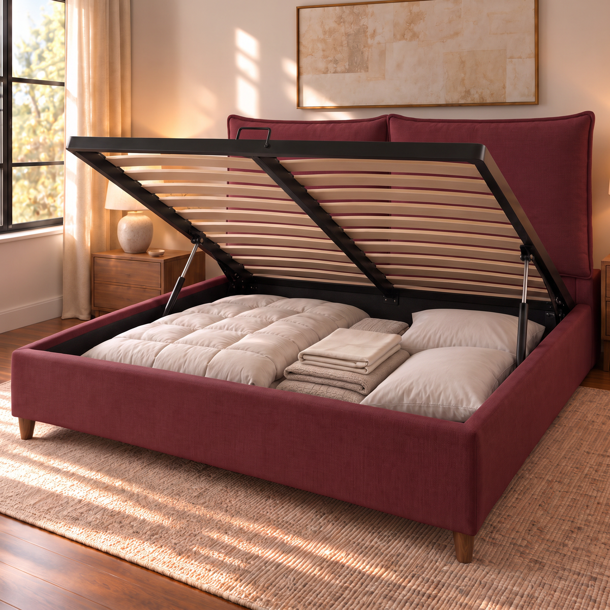 Letto contenitore Mytikas Bordeaux aperto: rete a doghe sollevata dai pistoni e vano contenitore pieno