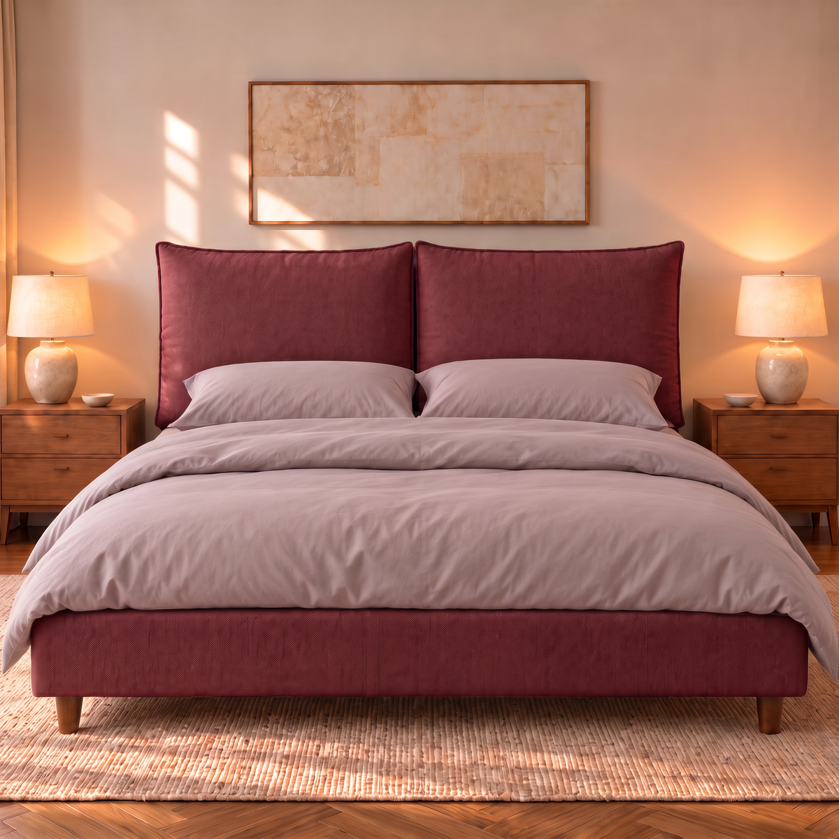 Letto contenitore Mytikas in tessuto Queens Bordeaux visto di fronte: testata a due cuscini, base imbottita e piedini in legno noce