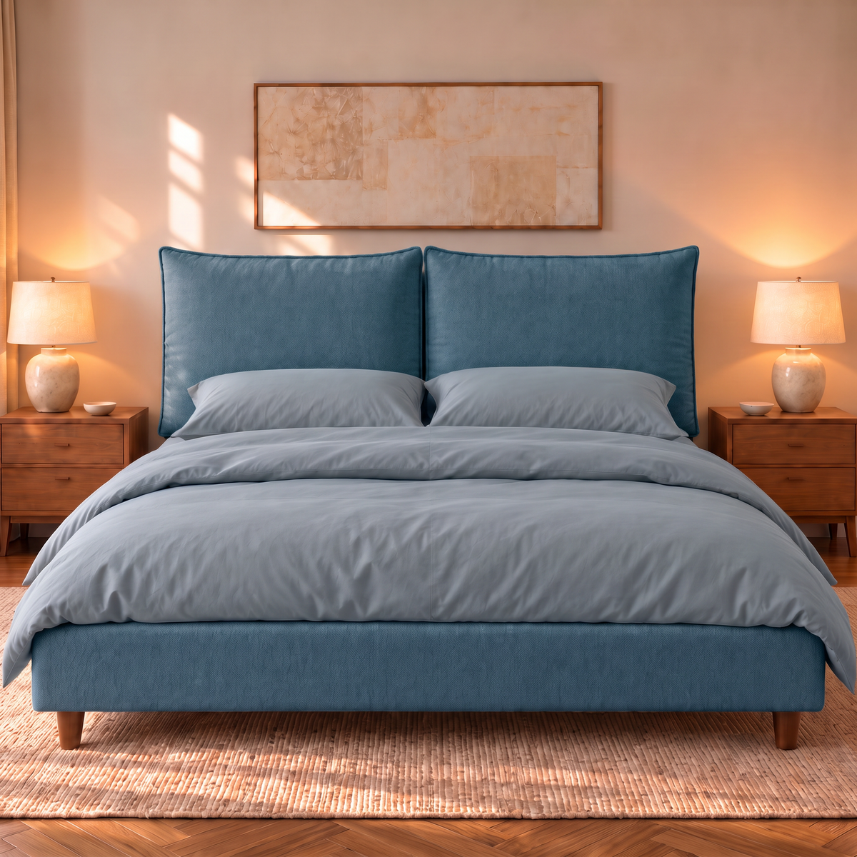 Letto contenitore Mytikas in tessuto Queens Ocean visto di fronte: testata a due cuscini, base imbottita e piedini in legno noce