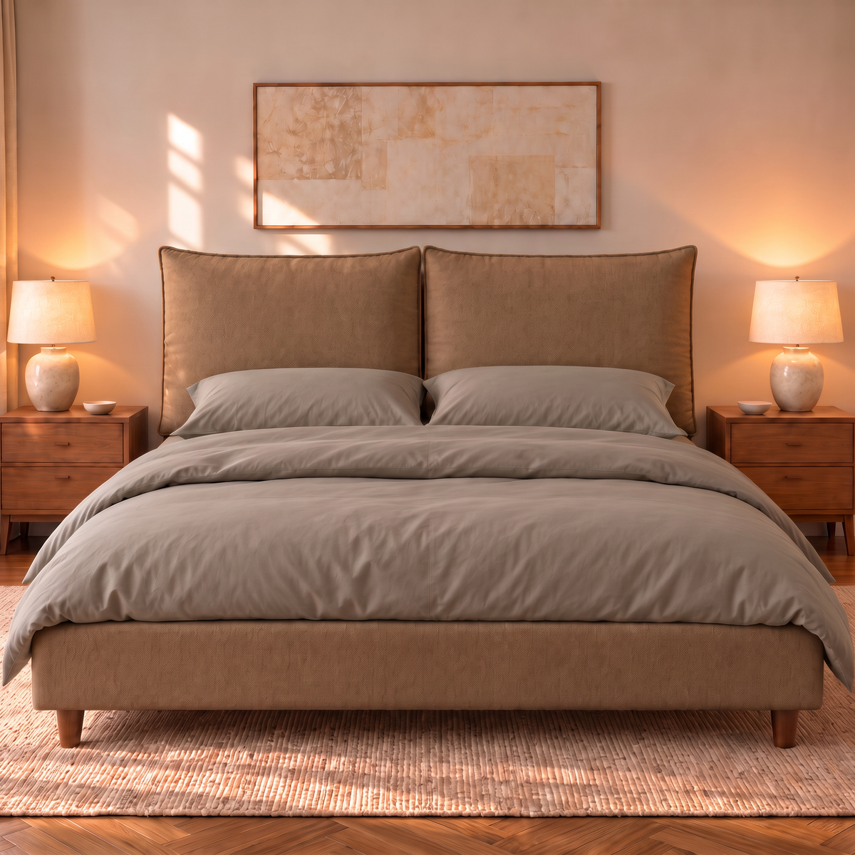 Letto contenitore Mytikas in tessuto Queens Tabac visto di fronte: testata a due cuscini, base imbottita e piedini in legno noce