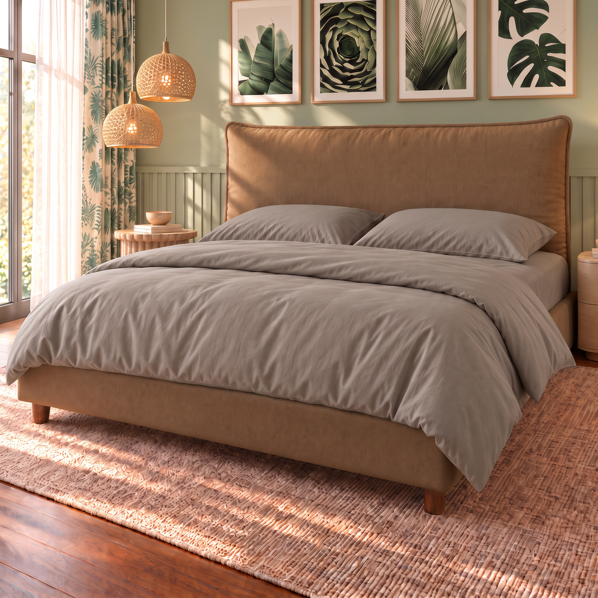 Letto contenitore Nefele in tessuto Queens Tabac con testata a cuscino unico, vista di tre quarti con completo copripiumino Corda